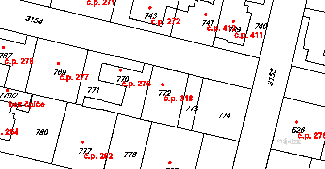 Čelákovice 318 na parcele st. 772 v KÚ Čelákovice, Katastrální mapa