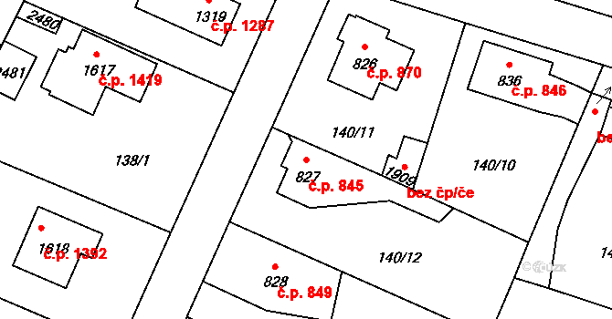 Říčany 845 na parcele st. 827 v KÚ Říčany u Prahy, Katastrální mapa