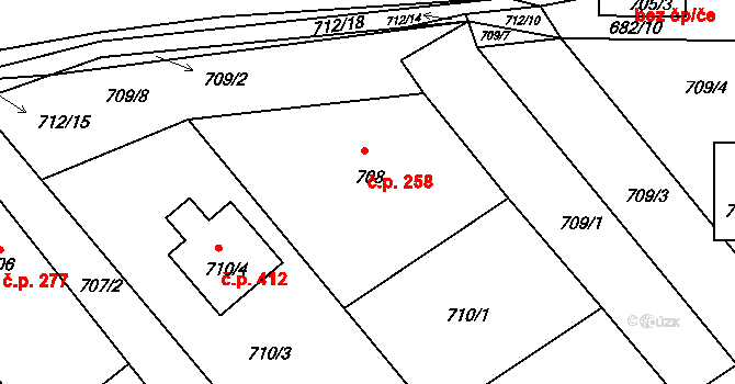 Kačice 258 na parcele st. 708 v KÚ Kačice, Katastrální mapa