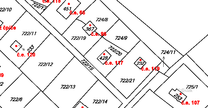Měřín 117, Rabyně na parcele st. 428 v KÚ Blaženice, Katastrální mapa