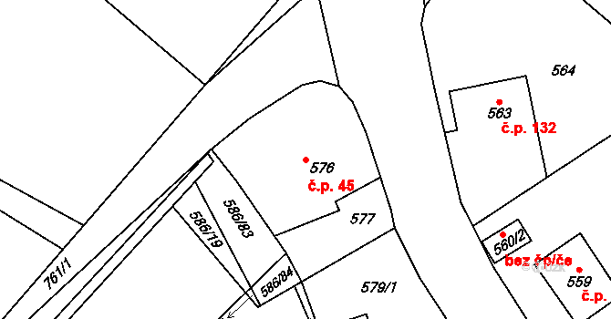 Kvaň 45, Zaječov na parcele st. 576 v KÚ Kvaň, Katastrální mapa