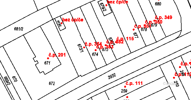 Mariánské Údolí 353, Hlubočky na parcele st. 674 v KÚ Hlubočky, Katastrální mapa