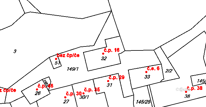 Kamenná 16, Milín na parcele st. 32 v KÚ Kamenná u Příbramě, Katastrální mapa