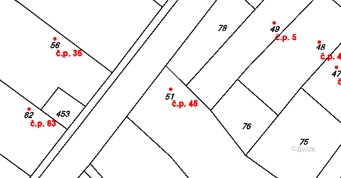 Psinice 45, Libáň na parcele st. 51 v KÚ Psinice, Katastrální mapa