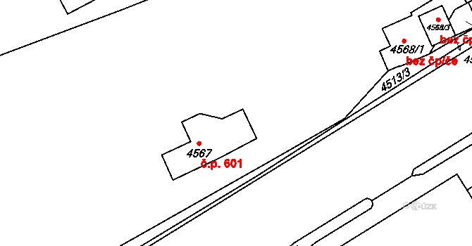 Teplice 601 na parcele st. 4567 v KÚ Teplice, Katastrální mapa