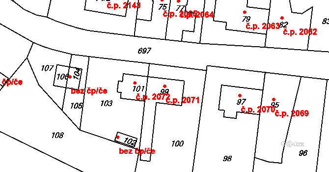 Komořany 2071, Praha na parcele st. 99 v KÚ Komořany, Katastrální mapa