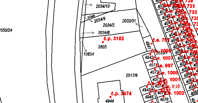 Hodonín 3152 na parcele st. 3805 v KÚ Hodonín, Katastrální mapa