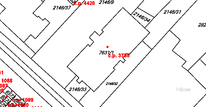 Hodonín 3785 na parcele st. 7631/1 v KÚ Hodonín, Katastrální mapa