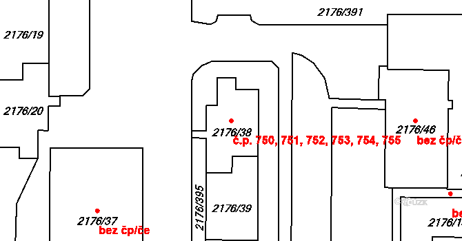 Skvrňany 750,751,752,753,754,, Plzeň na parcele st. 2176/38 v KÚ Skvrňany, Katastrální mapa