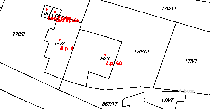 Černovír 60, Ústí nad Orlicí na parcele st. 55/1 v KÚ Černovír u Ústí nad Orlicí, Katastrální mapa