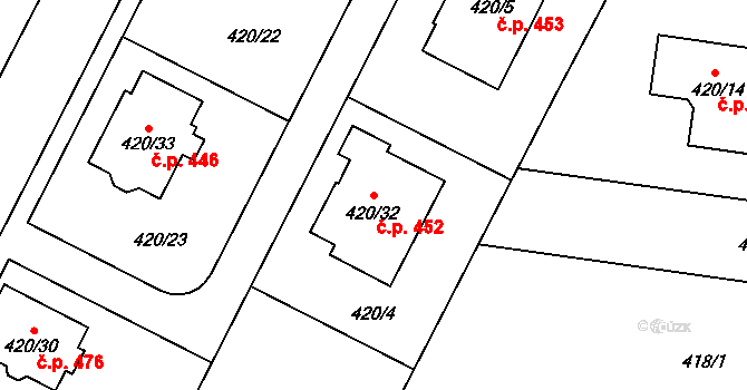 Slavonín 452, Olomouc na parcele st. 420/32 v KÚ Slavonín, Katastrální mapa