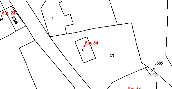 Kopeč 34, Úžice na parcele st. 43 v KÚ Kopeč, Katastrální mapa