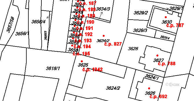 Děčín V-Rozbělesy 827, Děčín na parcele st. 3634/2 v KÚ Podmokly, Katastrální mapa