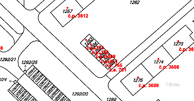 Chomutov 1099 na parcele st. 1265 v KÚ Chomutov I, Katastrální mapa