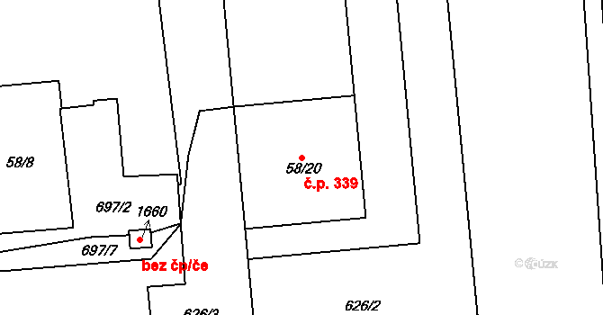 Rosice 339, Pardubice na parcele st. 58/20 v KÚ Rosice nad Labem, Katastrální mapa