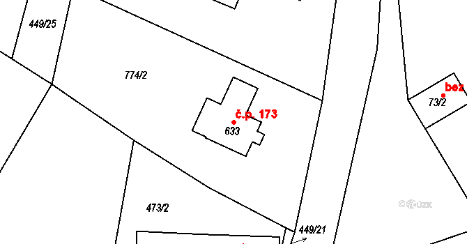 Čachovice 173 na parcele st. 633 v KÚ Čachovice, Katastrální mapa
