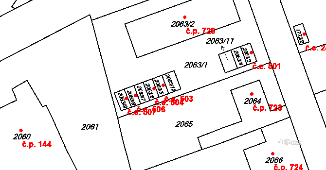 Bučovice 503 na parcele st. 2063/5 v KÚ Bučovice, Katastrální mapa