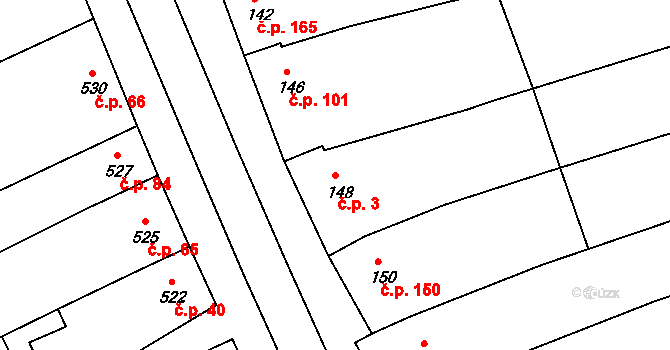Milešovice 3 na parcele st. 148 v KÚ Milešovice, Katastrální mapa