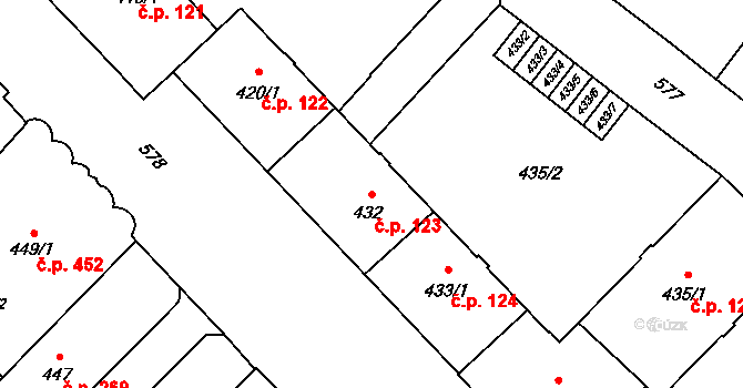 Město 123, Opava na parcele st. 432 v KÚ Opava-Město, Katastrální mapa