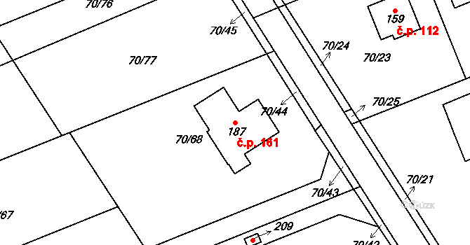 Horní Stakory 161, Kosmonosy na parcele st. 187 v KÚ Horní Stakory, Katastrální mapa