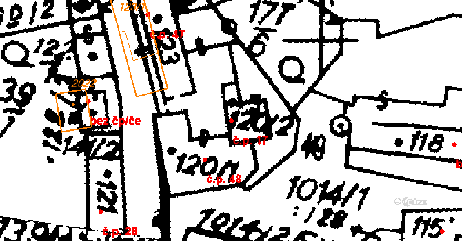 Hrochův Týnec 17 na parcele st. 120/2 v KÚ Hrochův Týnec, Katastrální mapa
