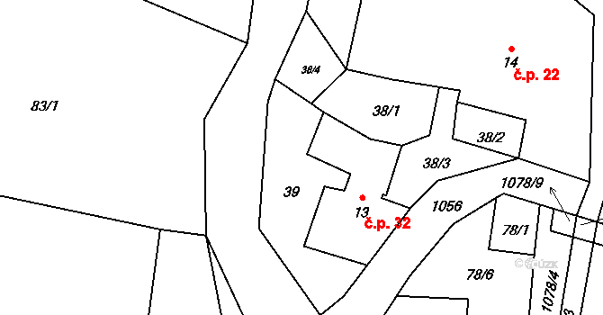 Salavice 32, Třešť na parcele st. 13 v KÚ Salavice, Katastrální mapa
