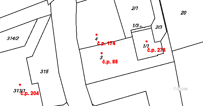 Horní Žukov 85, Český Těšín na parcele st. 3 v KÚ Horní Žukov, Katastrální mapa