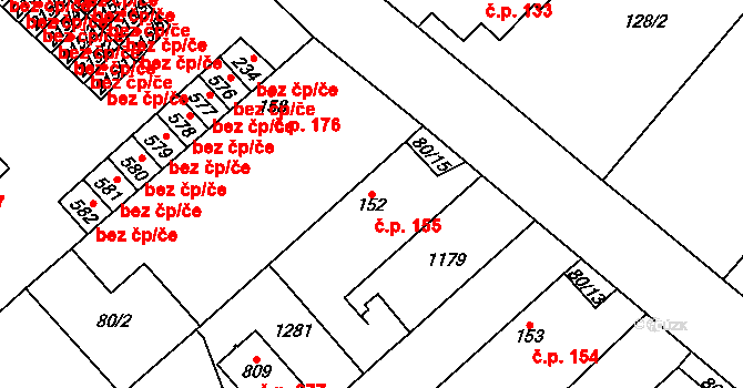 Horní Počaply 155 na parcele st. 152 v KÚ Horní Počaply, Katastrální mapa