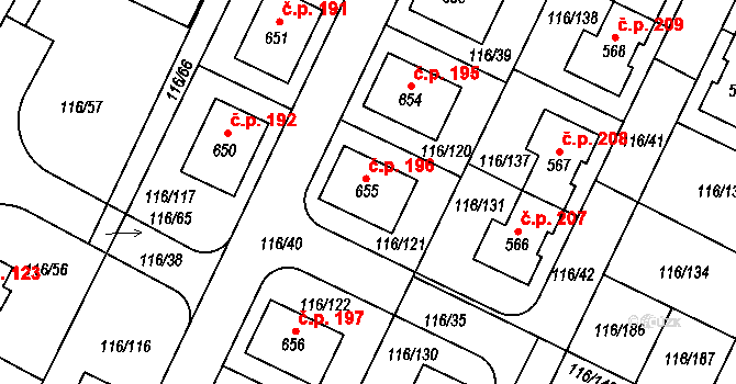 Horoušany 196 na parcele st. 655 v KÚ Horoušany, Katastrální mapa