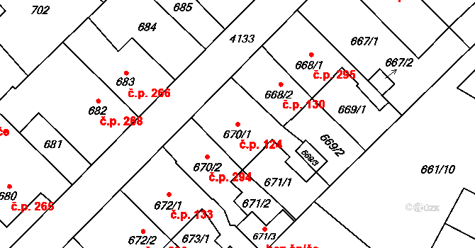 Jakubské Předměstí 124, Jaroměř na parcele st. 670/1 v KÚ Jaroměř, Katastrální mapa