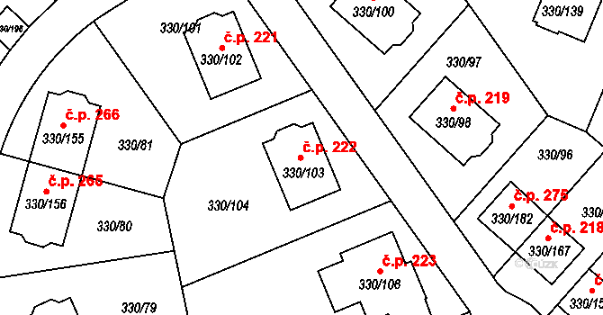 Hlušovice 222 na parcele st. 330/103 v KÚ Hlušovice, Katastrální mapa