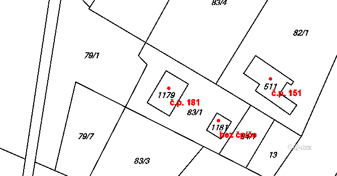 Tyra 181, Třinec na parcele st. 1179 v KÚ Tyra, Katastrální mapa