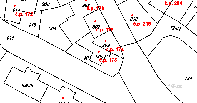 Kamenice nad Lipou 173 na parcele st. 900 v KÚ Kamenice nad Lipou, Katastrální mapa