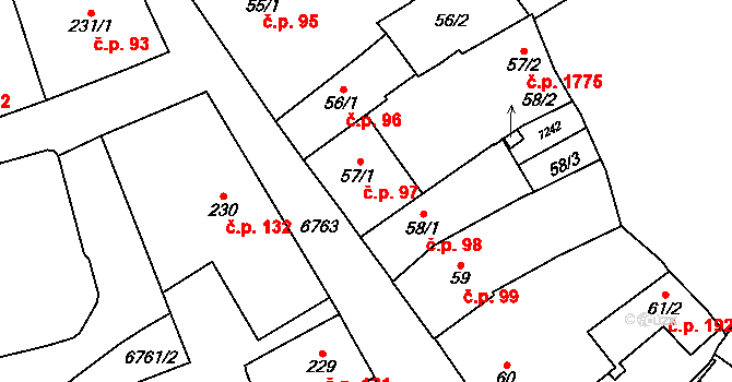 Žatec 97 na parcele st. 57/1 v KÚ Žatec, Katastrální mapa