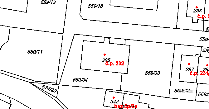 Herálec 232 na parcele st. 305 v KÚ Herálec, Katastrální mapa