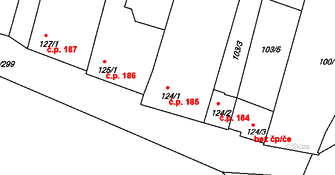 Hrádek 185 na parcele st. 124/1 v KÚ Hrádek u Znojma, Katastrální mapa