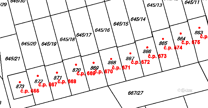 Lišov 671 na parcele st. 868 v KÚ Lišov, Katastrální mapa