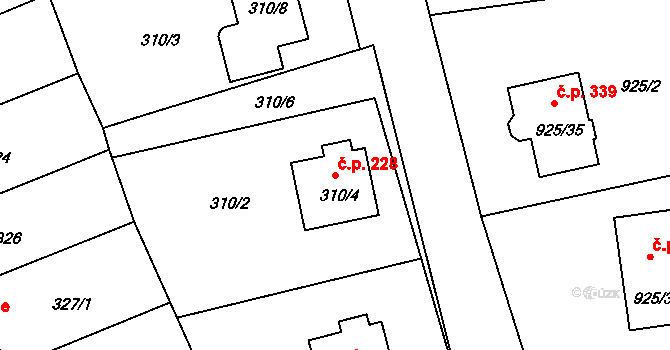Srubec 228 na parcele st. 310/4 v KÚ Srubec, Katastrální mapa