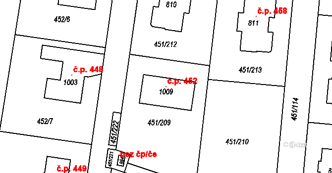 Horoušánky 452, Horoušany na parcele st. 1009 v KÚ Horoušany, Katastrální mapa