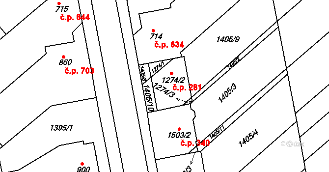 Čejkovice 281 na parcele st. 1274/2 v KÚ Čejkovice, Katastrální mapa