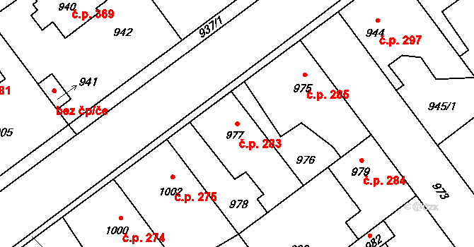 Hřebeč 283 na parcele st. 977 v KÚ Hřebeč, Katastrální mapa
