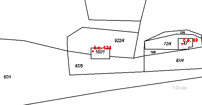 Rounek 124, Vyskytná nad Jihlavou na parcele st. 102/1 v KÚ Rounek, Katastrální mapa