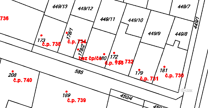 Loučany 733 na parcele st. 180 v KÚ Loučany na Hané, Katastrální mapa