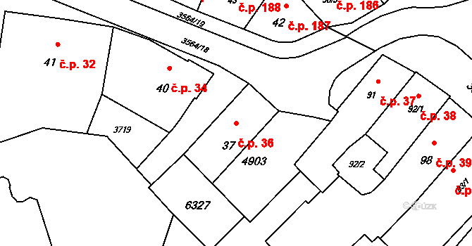 Rožnov pod Radhoštěm 36 na parcele st. 37 v KÚ Rožnov pod Radhoštěm, Katastrální mapa