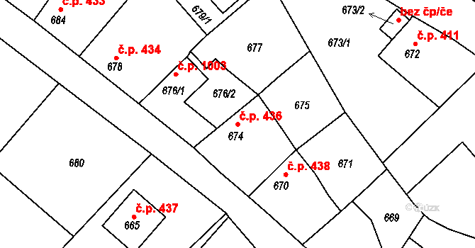 Bechyně 436 na parcele st. 674 v KÚ Bechyně, Katastrální mapa