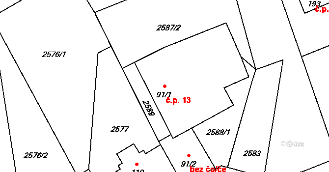 Mokrý Lom 13 na parcele st. 91/1 v KÚ Mokrý Lom, Katastrální mapa