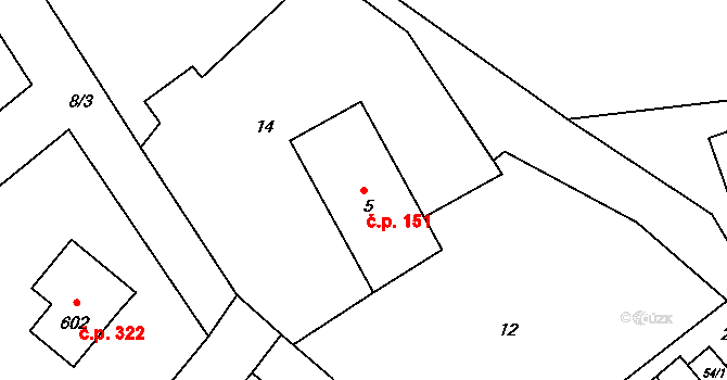 Korouhev 151 na parcele st. 5 v KÚ Korouhev, Katastrální mapa