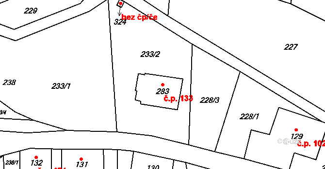 Orličky 133 na parcele st. 283 v KÚ Orličky, Katastrální mapa