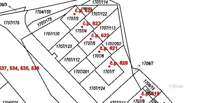 Miřetice u Klášterce nad Ohří 621, Klášterec nad Ohří na parcele st. 1707/6 v KÚ Miřetice u Klášterce nad Ohří, Katastrální mapa