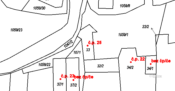 Bochovice 25 na parcele st. 33 v KÚ Bochovice, Katastrální mapa